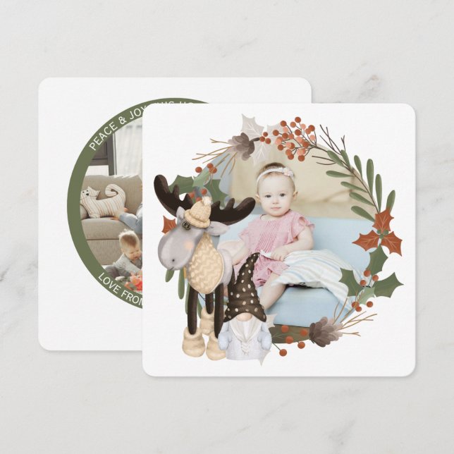 Christmas Personalised Moose Photo Frame Round Holiday Card (Front/Back)