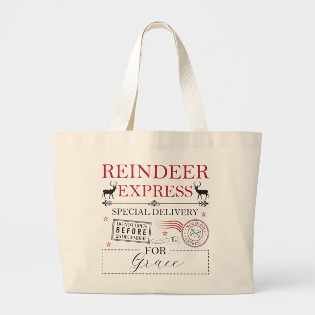 Christmas Personalised Name North Pole Reindeer Large Tote Bag (Front)