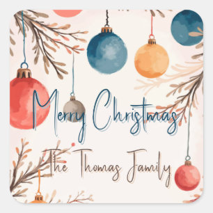 Christmas Personalised Pastel Watercolor Ornament Square Sticker