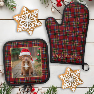 Christmas Personalised Pet Dog Photo Holiday Plaid Oven Mitt & Pot Holder Set