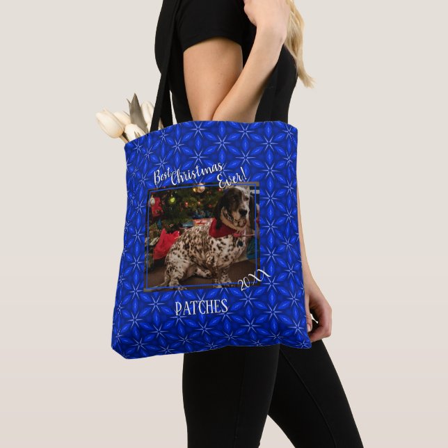 Christmas Personalised Pet Photo Blue Poinsettias Tote Bag (Close Up)