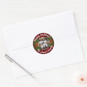 Christmas personalised photo red plaid pinecones classic round sticker