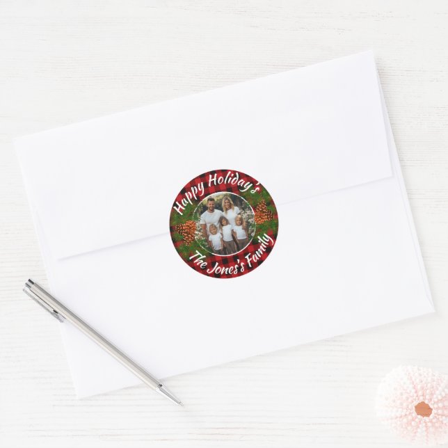 Christmas personalised photo red plaid pinecones classic round sticker (Envelope)