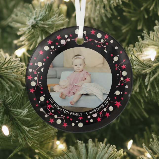 Christmas Personalised Pink Wreath Photo Glass Tree Decoration (Insitu)
