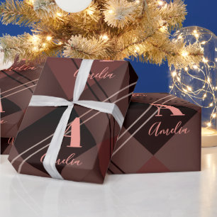 Christmas Personalised Plaid Maroon Pink Wrapping Paper