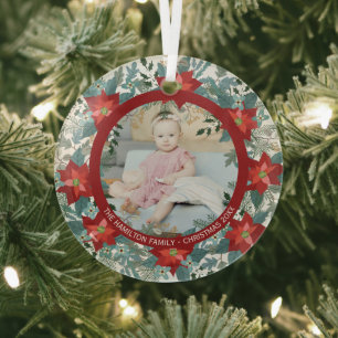 Christmas Personalised Poinsettia Wreath Photo Glass Tree Decoration