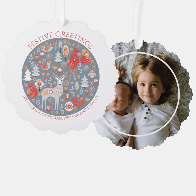 Christmas Personalised Scandinavian Nordic Forest  Tree Decoration Card (Front/Back)
