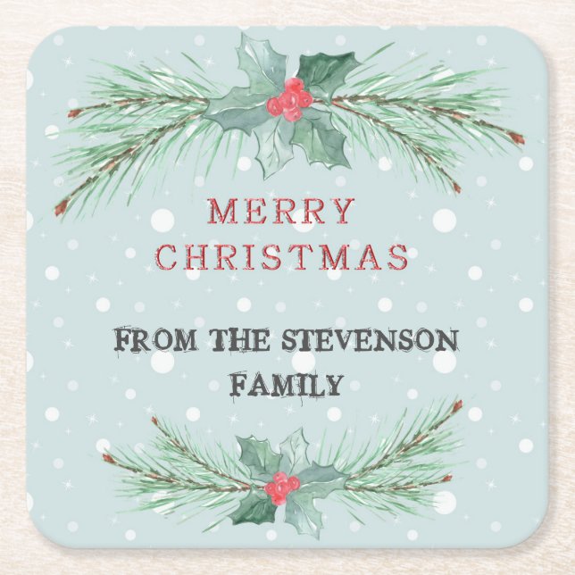 Christmas, Personalised, Spruce, mistletoe Square Paper Coaster (Front)