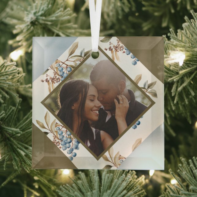 Christmas Personalised Winter Berry Photo Glass Tree Decoration (Insitu)