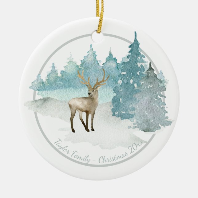 Christmas Personalised Woodland Winter Deer Ceramic Tree Decoration (Front)
