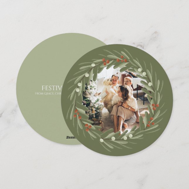Christmas Personalised Wreath Photo Frame Round Holiday Card (Front/Back)
