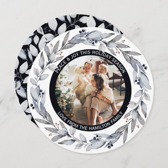 Christmas Personalised Wreath Photo Frame Round Holiday Card (Front/Back)