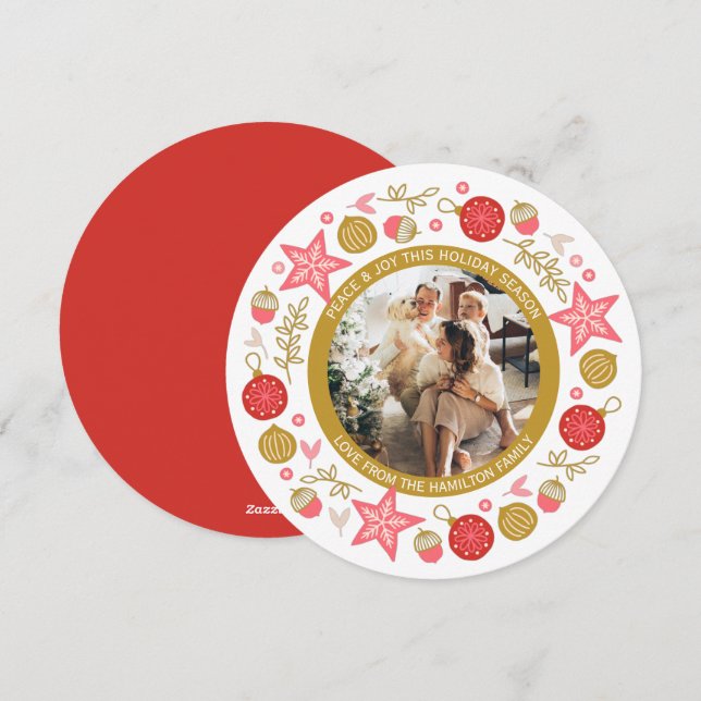 Christmas Personalised Wreath Photo Frame Round Holiday Card (Front/Back)