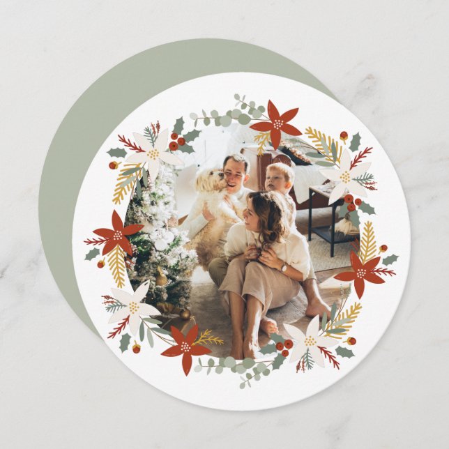 Christmas Personalised Wreath Photo Frame Round Holiday Card (Front/Back)