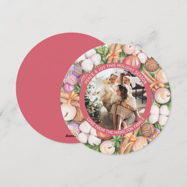 Christmas Personalised Wreath Photo Frame Round Holiday Card (Front/Back)