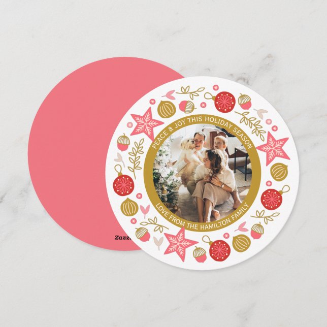 Christmas Personalised Wreath Photo Frame Round Holiday Card (Front/Back)