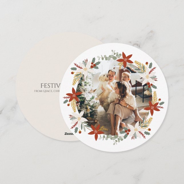 Christmas Personalised Wreath Photo Frame Round Holiday Card (Front/Back)