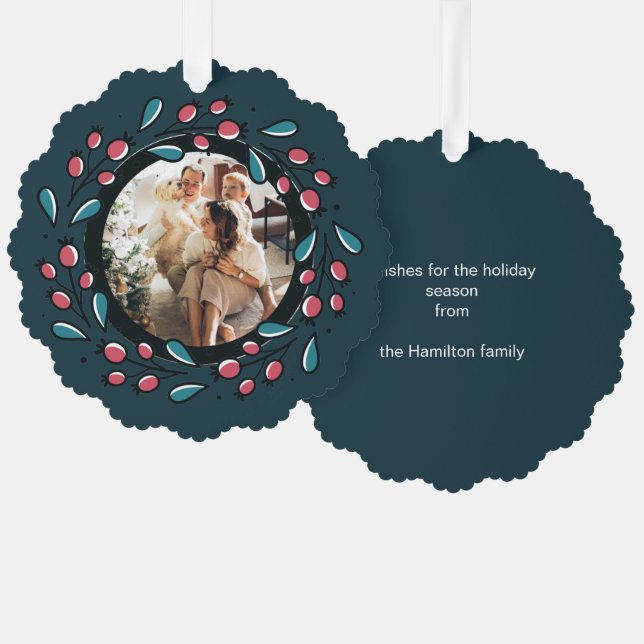 Christmas Personalised Wreath Photo Frame Tree Decoration Card (Front/Back)