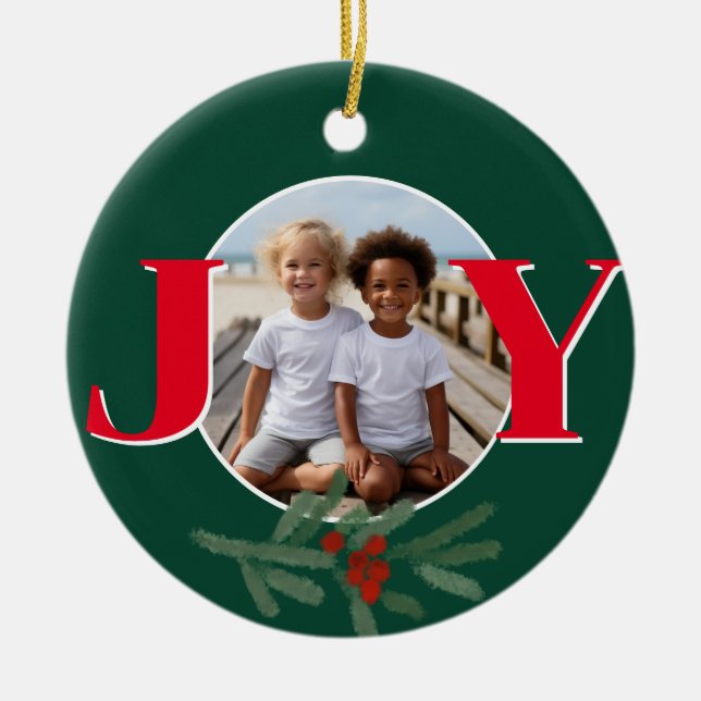 Christmas personalize JOY Holly photo template Ceramic Tree Decoration (Front)