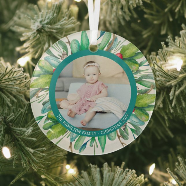 Christmas Personalized Modern Wreath Photo Frame Glass Tree Decoration (Insitu)