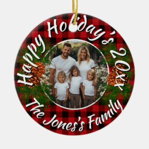 Christmas personalized photo red plaid pinecones ceramic tree decoration