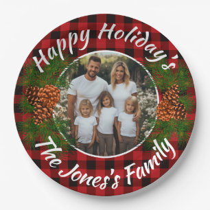 Christmas personalized photo red plaid pinecones paper plate