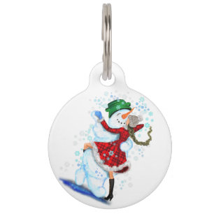 Christmas Pet ID Tag withSnowman and Girl Dance