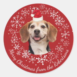 Christmas Pet Photo Santa Hat Snow Family Name Red Classic Round Sticker