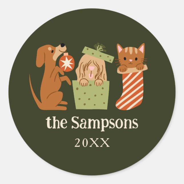 Christmas Pets Green Classic Round Sticker (Front)
