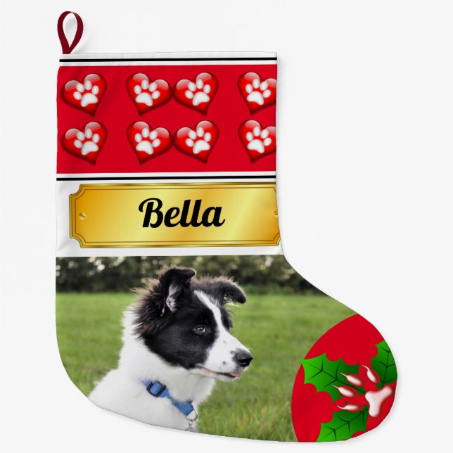 Christmas Pets Paw Prints and Holly Large Christmas Stocking (Front)