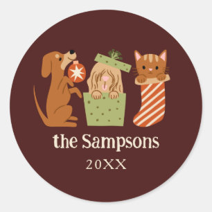 Christmas Pets Red Classic Round Sticker