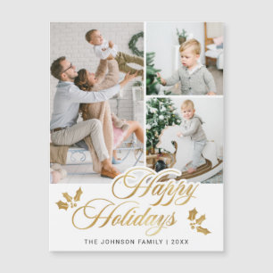 Christmas PHOTO 3 Holiday Greeting Magnetic Card
