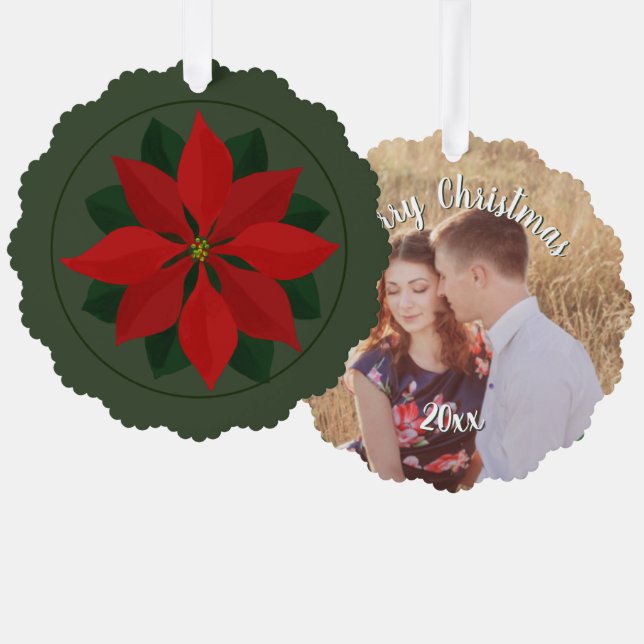 Christmas Photo and Poinsettia Tree Decoration Card (Front/Back)