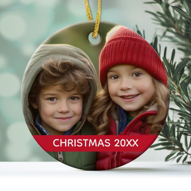 Christmas Photo and Year Modern Minimal Red Stripe Ceramic Tree Decoration (A minimal and modern photo ornament with a place to add the year)