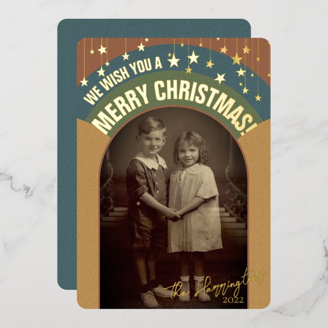 Christmas Photo Arch Retro Mid-century Sepia Tone Foil Holiday Card (Front/Back)
