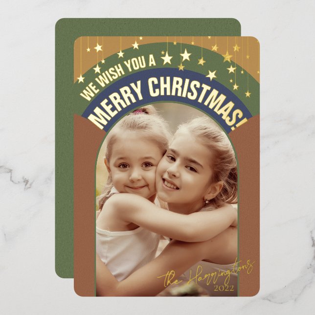 Christmas Photo Arch Retro Midcentury Sepia Tone Foil Holiday Card (Front/Back)