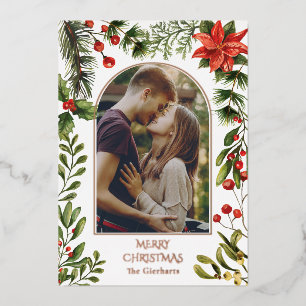 Christmas Photo Arch Watercolor Poinsettia Floral Foil Holiday Card