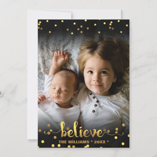 Christmas Photo BELIEVE Faux Gold Foil Confetti Holiday Card (Front)