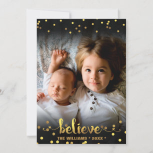 Christmas Photo BELIEVE Faux Gold Foil Confetti Holiday Card