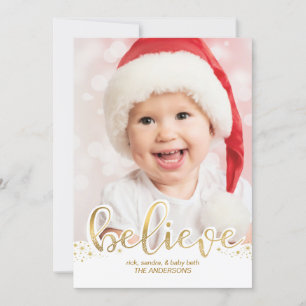 Christmas Photo   Believe Faux Gold Foil Effect Holiday Card
