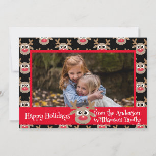 Christmas Photo Black Red Cute Reindeer Pattern Holiday Card