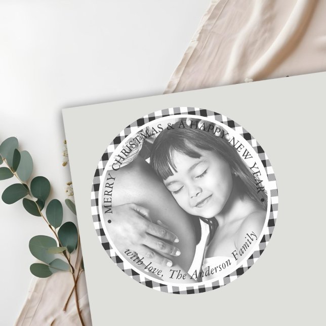 Christmas Photo Black White Plaid Gingham Pattern Classic Round Sticker (Creator Uploaded)