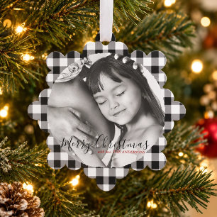 Christmas Photo Black White Plaid Gingham Pattern Tree Decoration Card