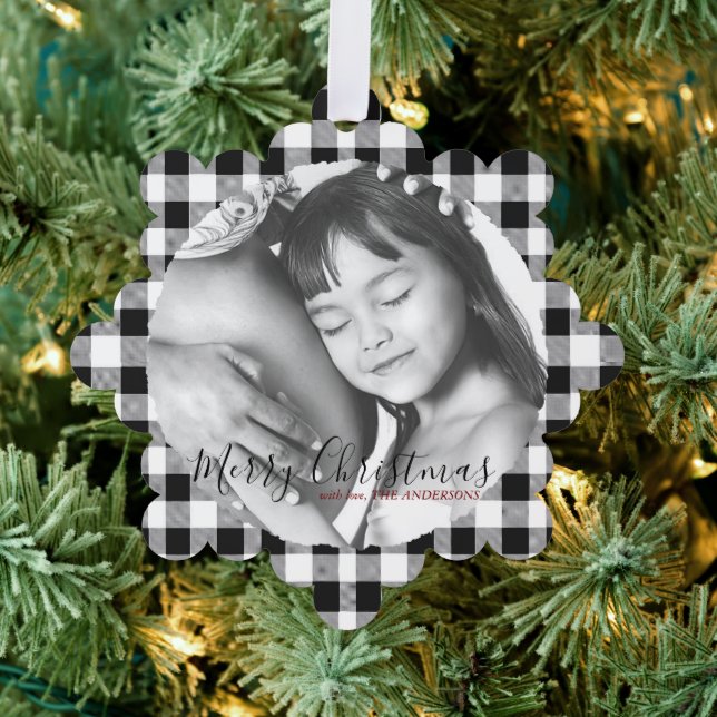 Christmas Photo Black White Plaid Gingham Pattern Tree Decoration Card (Insitu (Tree))