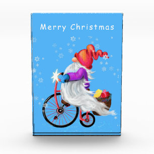 Christmas Photo Block Gnome with Bike and Gifts