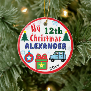 Christmas PHOTO Blue Car Boy Age Name Ceramic Tree Decoration