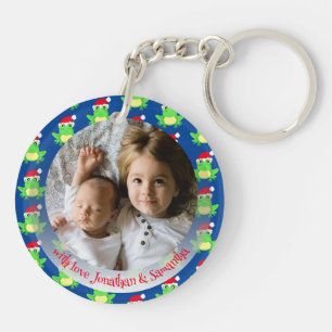 Christmas Photo Blue Frog Santa Hat Pattern Key Ring