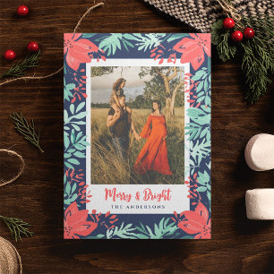 Christmas Photo Botanical Floral Blue Red Holiday Card