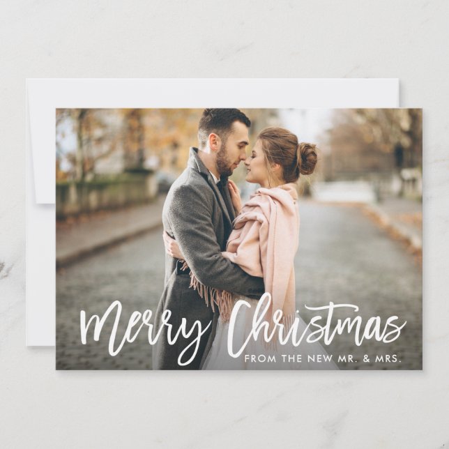 Christmas Photo Brush Script New Mr. and Mrs. Card (Front)