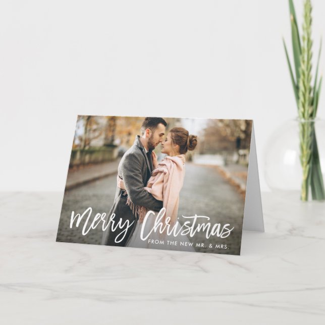 Christmas Photo Brush Script New Mr. and Mrs. Fold Holiday Card (Front)